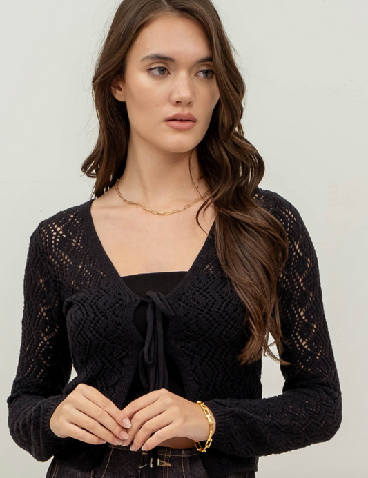 Crochet Front Tie Cardigan Black