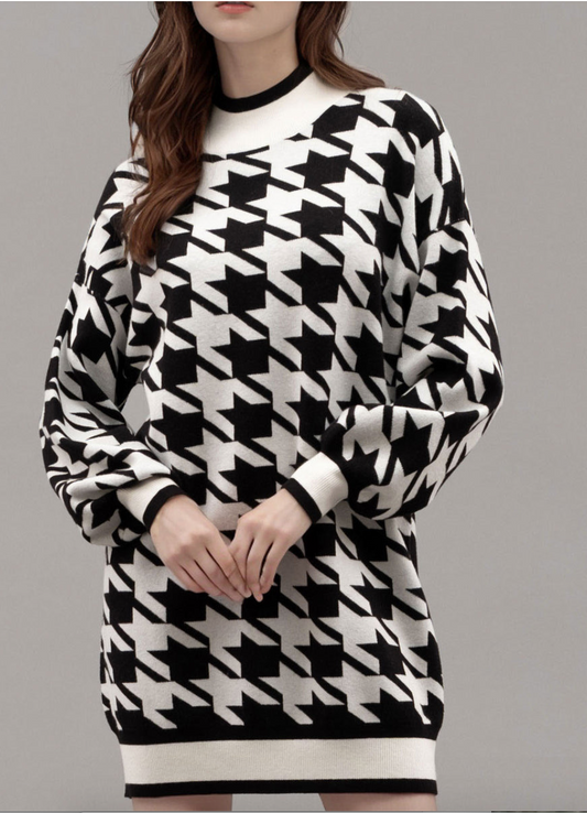 Mock Neck Houndstooth Sweater Dress