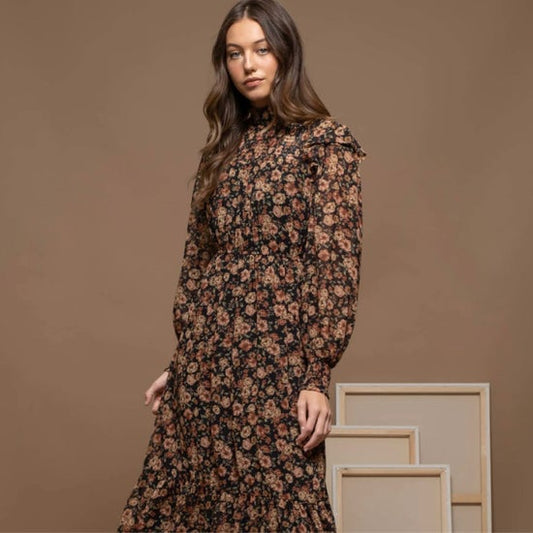 Mock Neck Floral Midi Dress