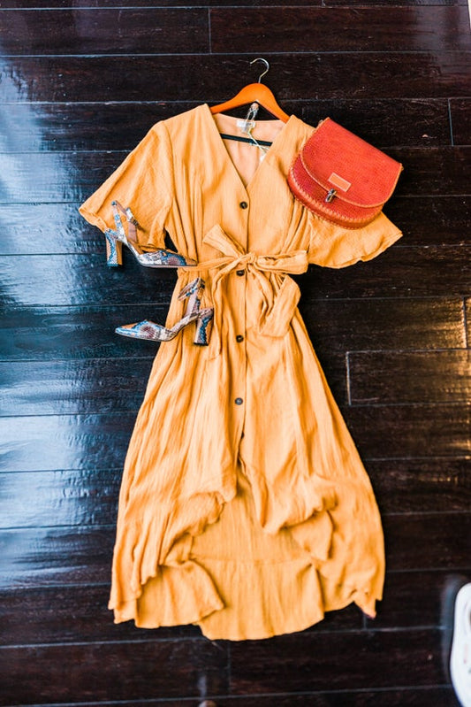 Button Up V-Neck Midi Dress Yellow